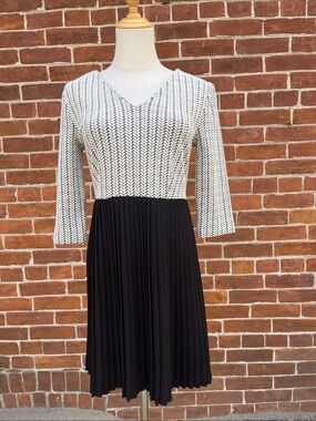 Ganni Black and White Pleated Midi Dress